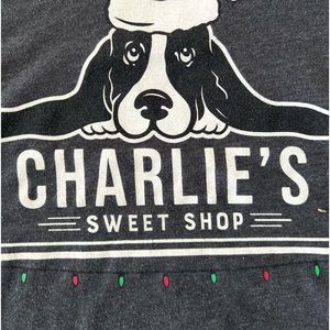 VTG Unisex adult large Next Level brand Christmas Charlie’s Sweet Shop T-shirt